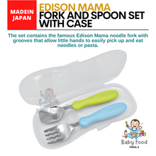 Load image into Gallery viewer, EDISON MAMA Spoon &amp; Fork set with travel case (Lime &amp; Blue)
